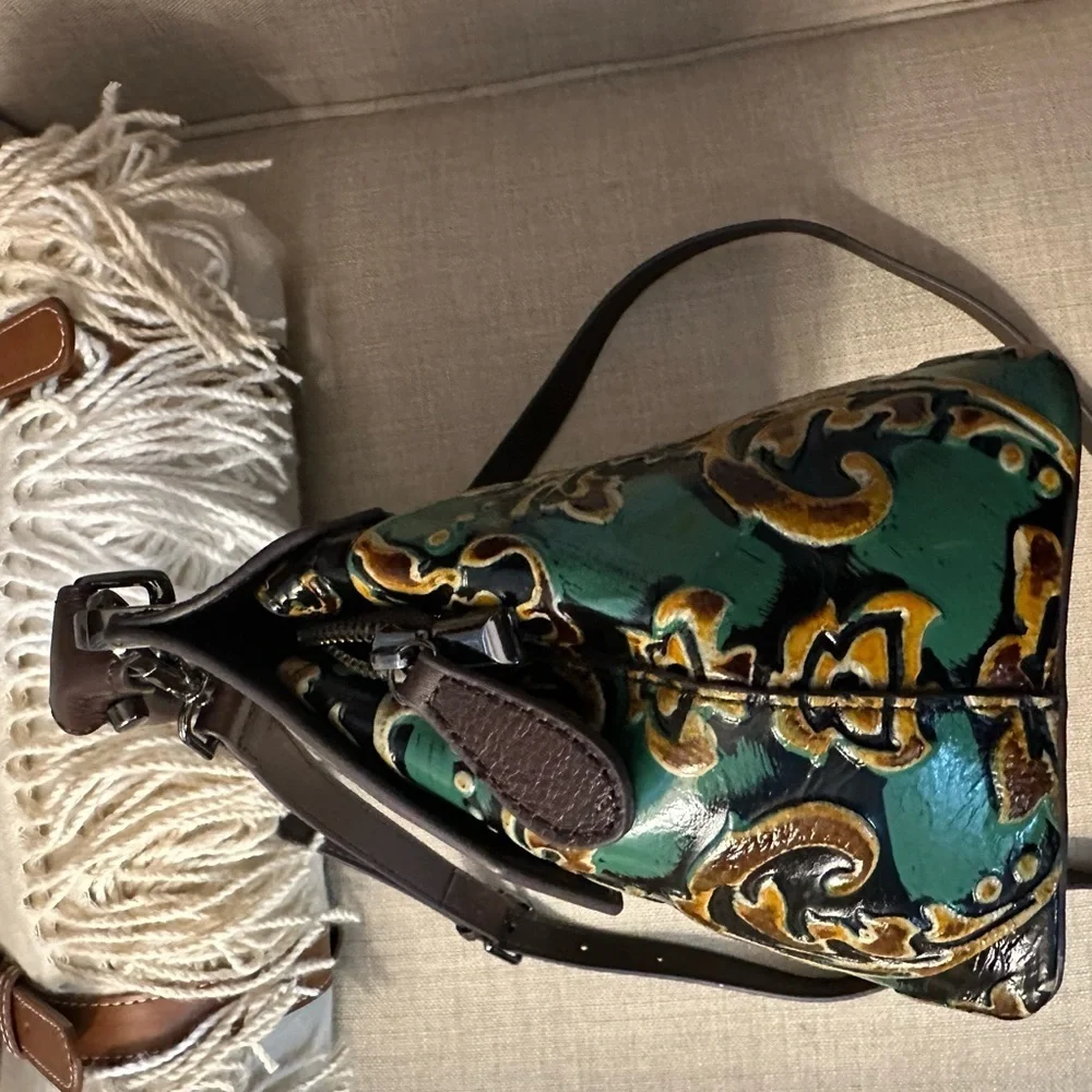 Vintage-Inspired Green and Brown Embossed Satchel